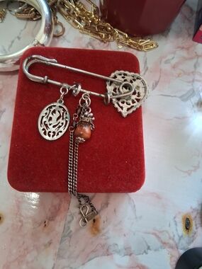 Silver Toned Safety Pin Brooch with Red-Brown Bead Charm - Women's Jewelry